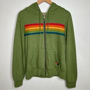 Aviator Nation Green Hoodie with Rainbow Stripes
